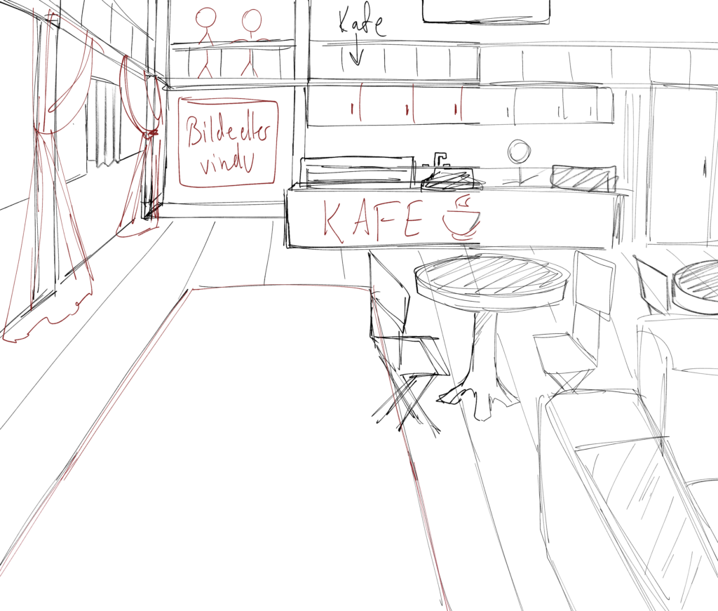 Sketch of possible café and lobby area at coming Kloden teater by Dominic. 